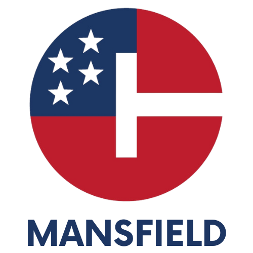 State of Connecticut's logo, red w. a blue field in upper left w. 4 stars, above the word Mansfie