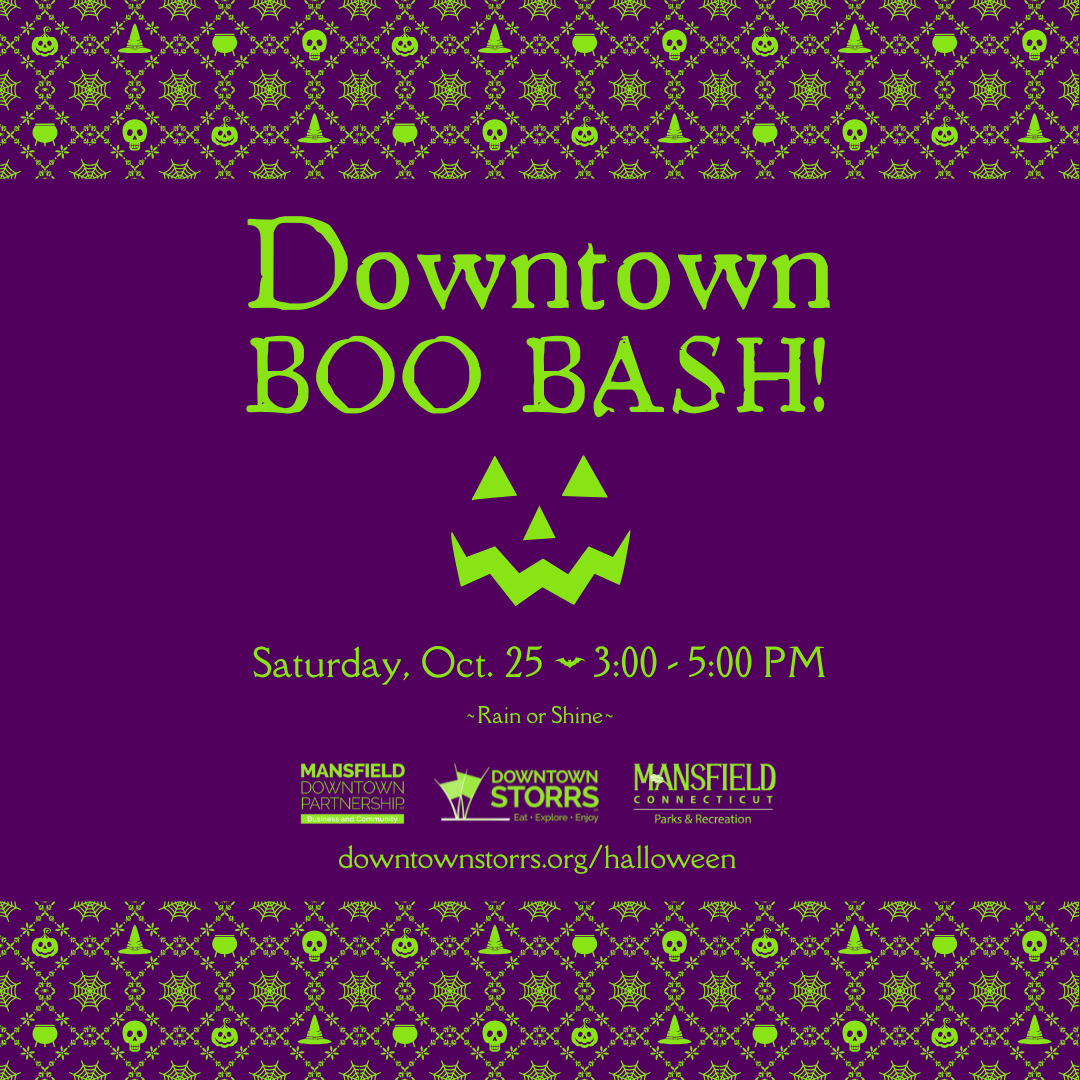 A jack-o-lantern grin hovers between text announcing the Downtown Boo Bash on Saturday, October 25