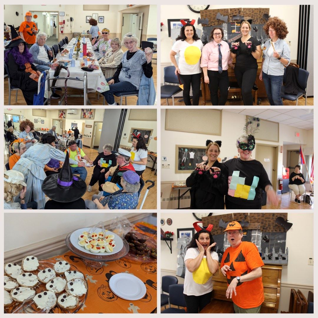 Collage of photos of senior citizens wearing Halloween costumes