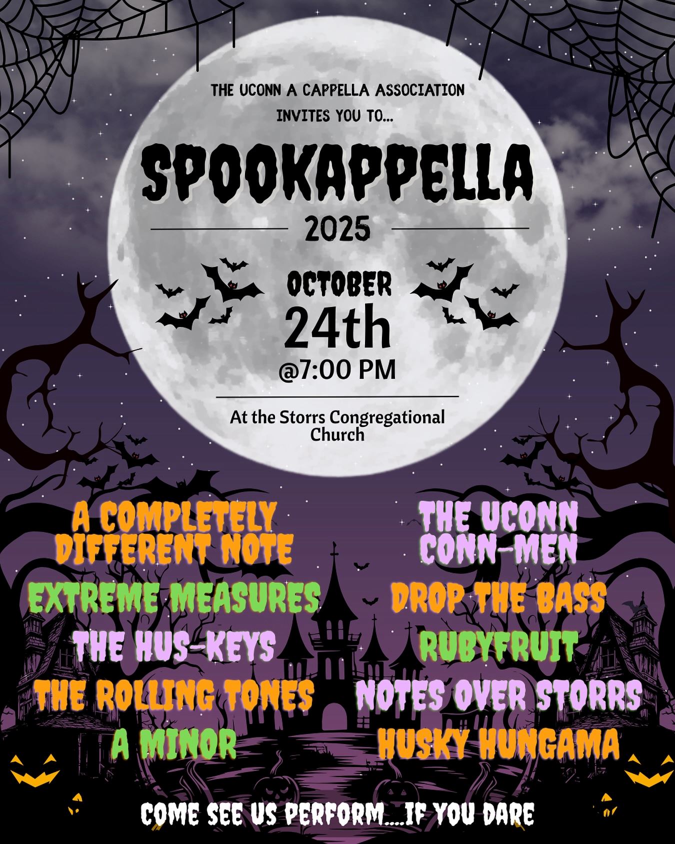 Creepy text listing ten a cappella groups from UConn and announcing the Spookapella concert