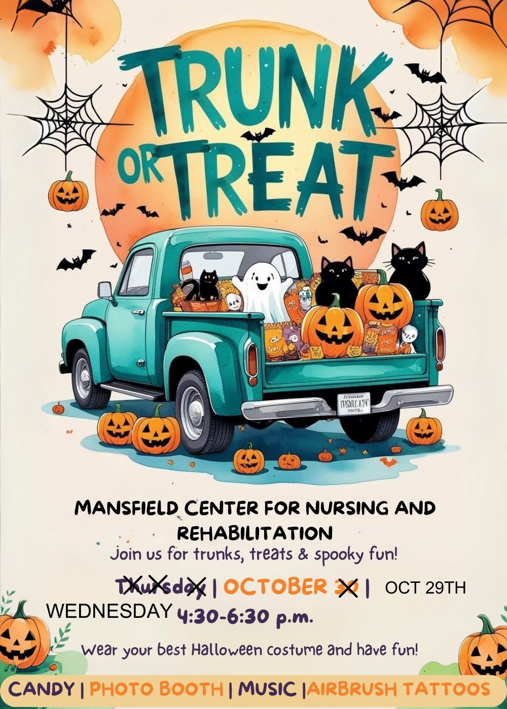 Illustration of happy ghosts, cats, and jack o'lanterns in the back of a pick-up truck